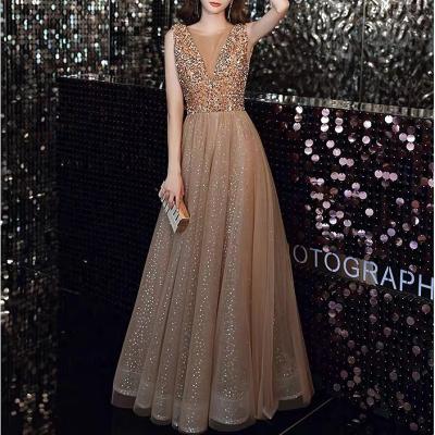 China Anti-wrinkle Champagne Gold Prom Dresses V-Neckline Bridesmaid Wedding Sparkly Sleeveless Beaded Sequined A-Line Guest Evening Dresses 2022 for sale