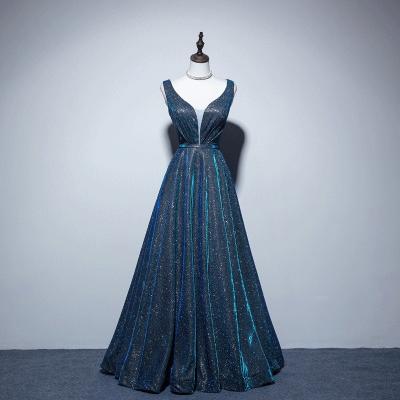 China Anti-wrinkle Peacock Blue Starry Prom Dresses Sequined V-Neck Tulle Banquet Annual Meeting Sleeveless Formal Evening Dresses A Line Long 2022 for sale