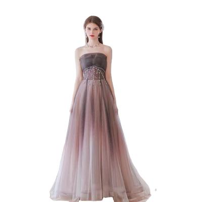 China Anti-wrinkle Gray Pink Prom Dress Strapless Beading A Line Tulle Lace Up Backless Sequined Wedding Party Formal Evening Gowns 2022 for sale