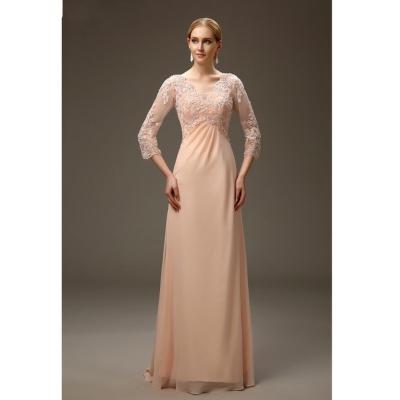 China Breathable Peach Mother's Elegant V-Neck 3/4 Floor Length Sleeve Bride Dresses Chiffon Backless Zipper A Line Lace Mother Dresses New for sale