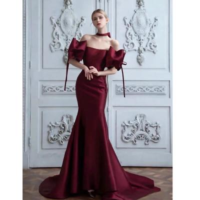 China Gorgeous Anti-Static Evening Dresses Mermaid Russia Burgundy Girls Off The Shoulder Bow Backless Sexy Banquet Party Prom Formal Wedding Gowns for sale