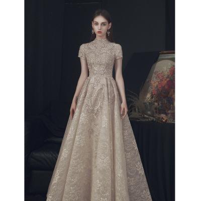 China Anti-Static Luxury Lace Long Evening Dresses With Short Sleeves 2021 Beaded High Neck Formal Elegant A Line Wedding Celebrity Prom Dresses for sale