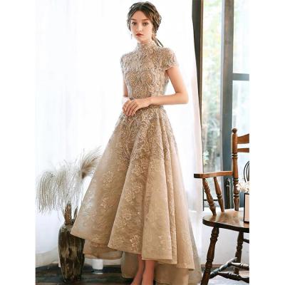 China Breathable Luxury Khaki Lace Evening Dresses High Neck A Line Long Shorts Beading Party Ceremony Celebrities Formal Prom Dresses New for sale