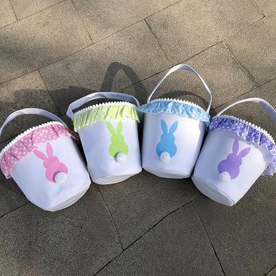 China Wholesale Cute Cartoon Monogrammed Bunny Lace Egg Bucket Bag Kids Candy Basket Ruffle Easter Basket Easter 2022 for sale