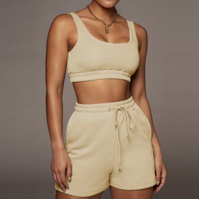 China Wholesale Clothing Woman Causal Crop Slow Life Loose 90%+10% Breathable Running Nylon Spandex Woman Crop Tops Sports Shorts 2pcs Fitness Sets for sale