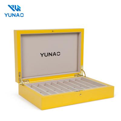 China Recyclable New Customized Design Luxury Manufacture High Glossy Yellow Finish Wooden Watch Strap Storage Case For Wholesale for sale