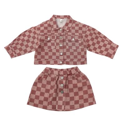 China New Spring Casual Fashion Long Sleeve Shirt Skirt Set Girl Plaid Clothing Set for sale