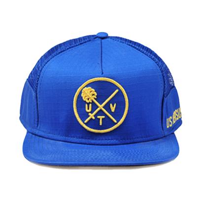 China breathable & Breathable 5panel 3d Waterproof Blue Flat Brim Mesh Half Trucker Hats for sale