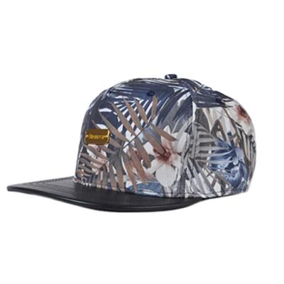 China New 5 Panel Custom Hip Hop Bamboo Leaf Printed Era Leather Flat Brim 5 Panel Snapback Hats for sale