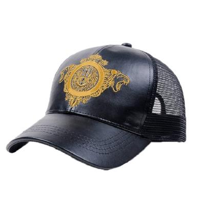 China Custom Logo 6 2D Joint Panel Leather Embroidered Mesh Hat Curved Brim Pu Trucker Hat for sale