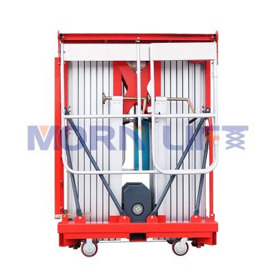 China Hotels MORNING 10m 12m 14m Hydraulic Lift Table Aluminum Alloy Aerial Work Platform Double Mast Lift with CE ISO for sale