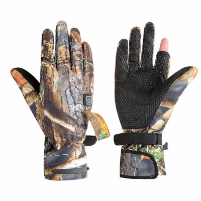 China Outdoor Sports Game 2022Winter Jungle Camouflage Hunting Adventure Fishing Electric Heating Touch Screen Exposed Finger Factory Custom Gloves for sale