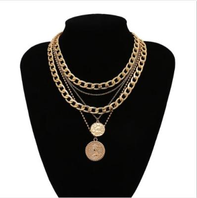 China Bohemia Punk Multilayer Cuban Collar Necklace Ladies Vintage Engraving Coin Pendant Necklace for sale