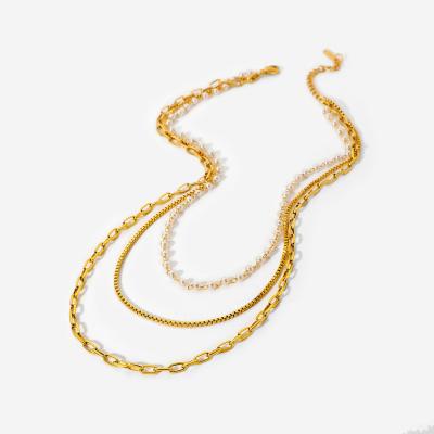 China 18k Gold INS Pearl Necklace Summer Beach Stainless Steel Link Chain Choker Necklace Women Casual/Sporty Multi Layer Necklace Small for sale