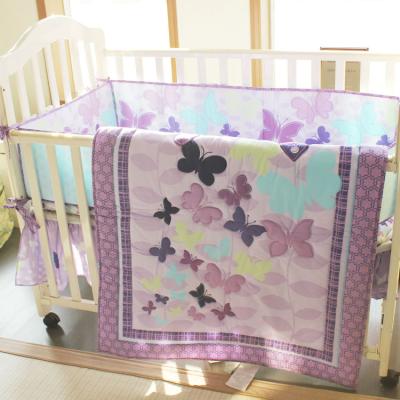 China Dust Ruffle Baby Crib Bedding Sets Nondisposable Purple Butterfly 3pc Comforter Fitted For Girls for sale