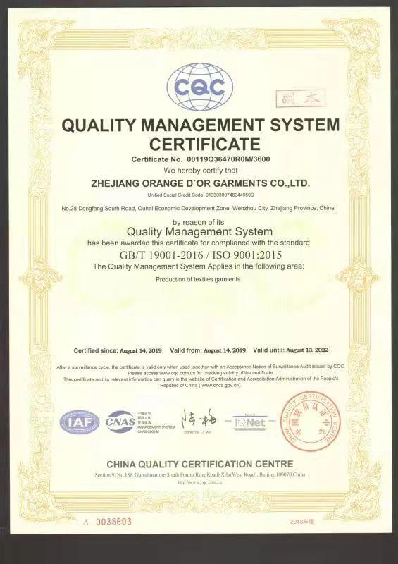 ISO9001 - Zhejiang Orange D'or Garments Co., Ltd.