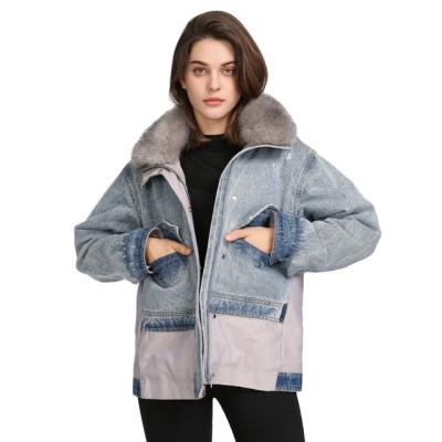 China Customized Ladies Anti-Shrink Faux Fur Collar Washed Women Winter Coat Jeans Denim Jacket for sale