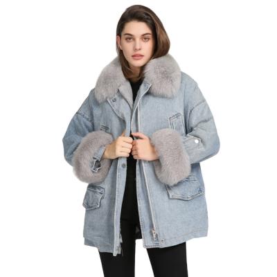 China Jackets 2021 2020 Custom Made Loose Oversized Faux Fur Collar Women Winter Coat Blue Jeans Denim Jacket For Ladies With Fur for sale