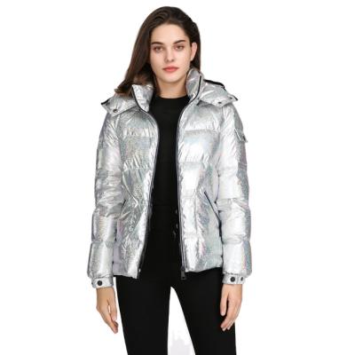 China Customized Shiny Hooded Ladies Anti Shrink Ribbon Stocking Stripper Plus Size Women Winter Jacket Bubble Coat for sale