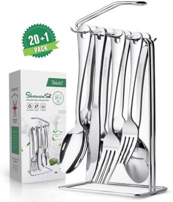 China Sustainable Mirror Hand Polishing Hanging Stainless Steel Cutlery Flatware Set 16pcs or 24pcs Set with Metal Rack Holder Gift Box Packing. for sale