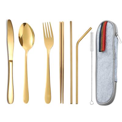 China Reusable Reusable Personal Travel Flatware Personal Stainless Steel Utensils 8pcs Camping Gold Cutlery Set In Cases for sale