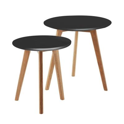 China Hot Sale Adjustable Durable Scandinavian Coffee Table Solid Oak Wood Round (Other) Side Table Set 2 With Black MDF Top for sale