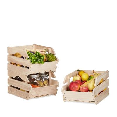 China Hot Sale Modern Natural Solid Wood Paulownia Vintage Durable 3 Tiers Stackable Fruit Box Storage Wooden Basket For Fruit Kitchen for sale