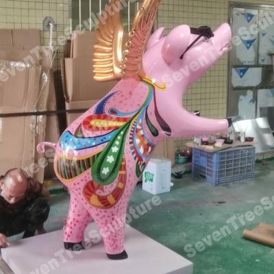 China China Pop Art Outdoor Decoration Fiberglass Painting Carve Resin Pig Standing Flying Life Size Statue for sale