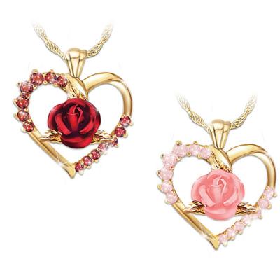 China Other New Diamond Zircon Pink Rose Love Heart Pendant Necklace Chain for sale