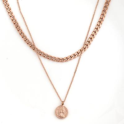 China Classic Charming Jewelry Rose Gold Queen Pendant Gold Plated Jewelry 316L Stainless Steel Chain Two Layer Necklaces for sale