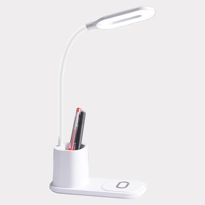 China Mobile Phone Charging Brightness 3 Level Dimmable Led Desk Lamp With Wireless Charger With Pen Holder For Kids for sale