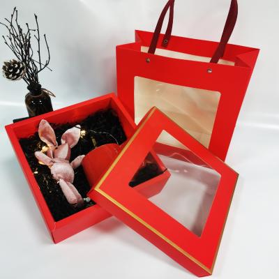 China Recyclable Toys Cosmetics Clothes Open Folder PVC Window Paper Gift Box Shopping Bag Packaging Set for sale