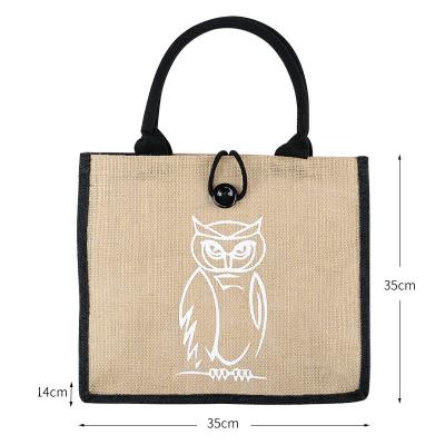 China Custom Printed Reusable Handled Eco Shopping Tote Burlap Jute Bag With Large Leather Handles for sale