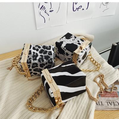 China Luxury Fashion Leopard Zebra Cow Pattern Small Leather Chain Clutch Sling Cross - Handbag And Body Box Purse For Women for sale