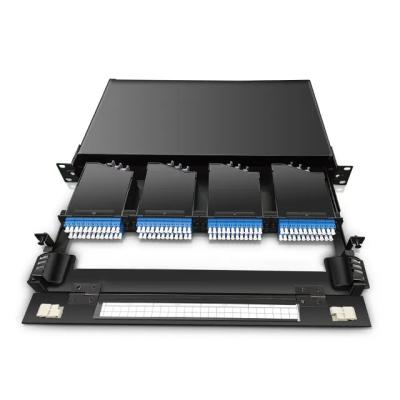 China FTTH FTTB FTTX Solution High Density MPO Cassette Fiber Optic 24F SM/OM3 MPO Box MTP Cassette 1U Rack Mount MPO Chassis Fiber optic patch panel for sale