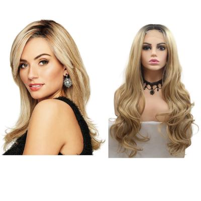 China Honey Blonde Wig Middle Part Mix Part 1X4 Ombre Synthetic Lace Top Body Wave U Hair Front Wig for sale