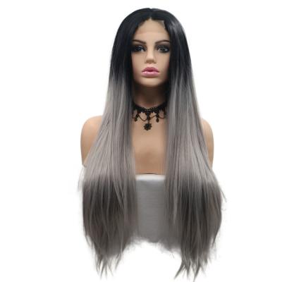 China Top Lace Gray Color Wig Gray Lace Front Synthetic Hair Silky Straight Wave Wig for sale