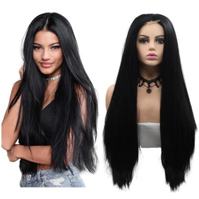 China Silky Straight Wave Long Black Lace Front Synthetic Hair 1X4 Top Wig for sale