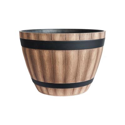 China Retro CLASSIC plastic flower pot 13 inch barrel thickened and durable imitation wood balcony yard for sale