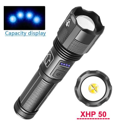 China Powerful Emergency Flashlight USB Rechargeable XHP50 LED Torch Waterproof 5 Modes Zoomable 18650 Battery Flashlight For Hunting Camping for sale