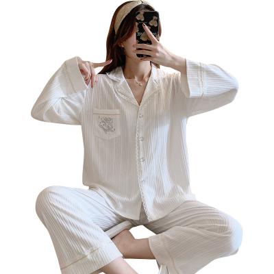 China Dropshipping Ladies Thermal Pajamas Simply Lace Up Embroidered Two Piece Pajamas Homewear Long Sleeve Cardigan Cuff Pants for sale