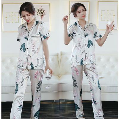 China Factory direct women's white orchid breathable cardigan cheap lapel pajama sleepwear printed silk two-piece simulation suit home wear for sale