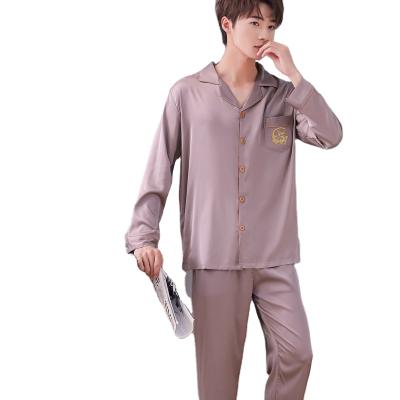 China Wholesale Men's Factory Dropshipping Suit Home Wear Two Piece Pajamas Cardigan Plain Sleepwear Breathable Long Sleeve Pants for sale