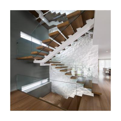 China Modern Simple L Shaped Straight Design Indoor Mono Stringer Staircase Glass Wooden Stairs Glass Staircases for sale