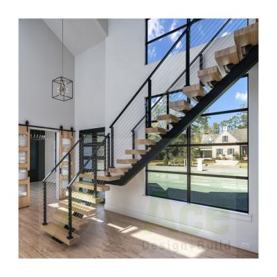 China Modern ACE customized straight mono stringer staircase with wooden steps and tempered glass balustrade for sale