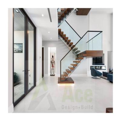 China Modern Design CÆ Wood Stairs Modern Straight Glass U Shaped Staircase L / Indoor Mono Stringer Staircase for sale