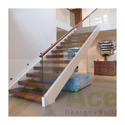 China Modern ACE Customized Carbon Steel Stringer Double Beam Staircase With Tempered Glass Balustrade for sale