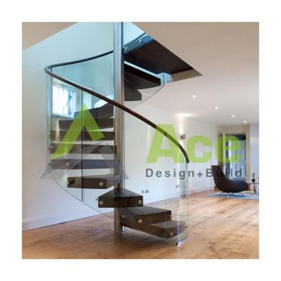 China Modern Wooden Glass Spiral Stairs Interior Space Saver Staircase with Fashion Treads for sale