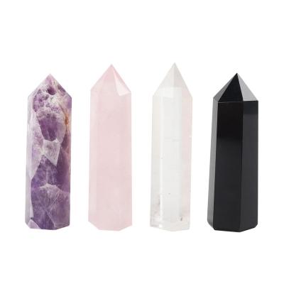 China Natural Round Crystal Points Wands Small Crystal Rose Quartz Black Obsidian Clear Amethyst China 4pcs for Healing for sale