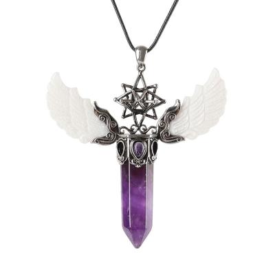 China Healing Hexagonal Crystal Pointed Necklace With Vintage Amethyst Wing Decor from China for sale